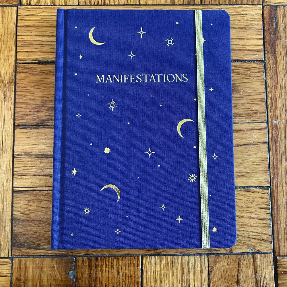 Navy Blue and Gold Boho “Manifestations” Moon and Stars Lined Journal